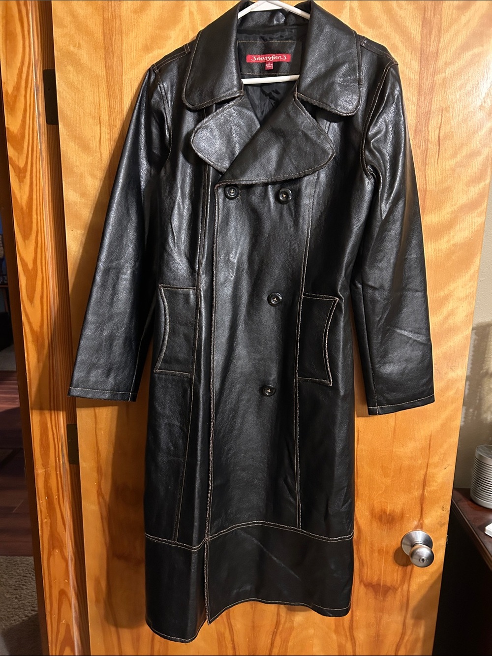 Black Leather Double-Breasted Long Coat